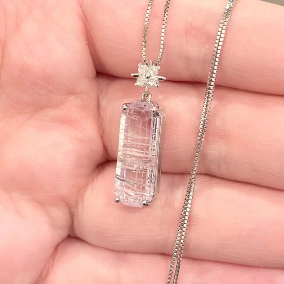 18K Rutilated Rose Quartz Diamond Necklace, White Gold, Floral, Pink Gem, Luxury
